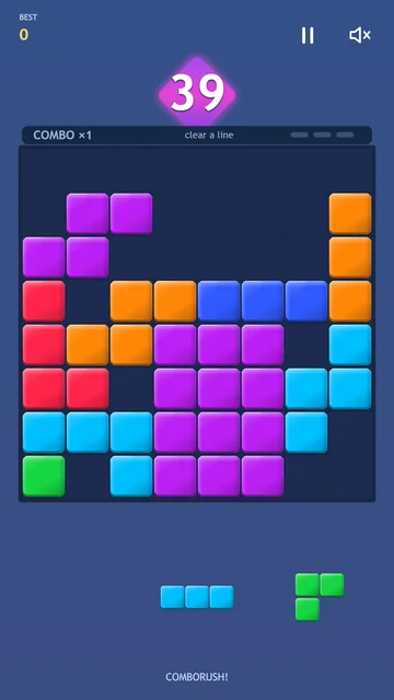 An 8 by 8 ComboRush board with colourful blocks and three pieces ready to place